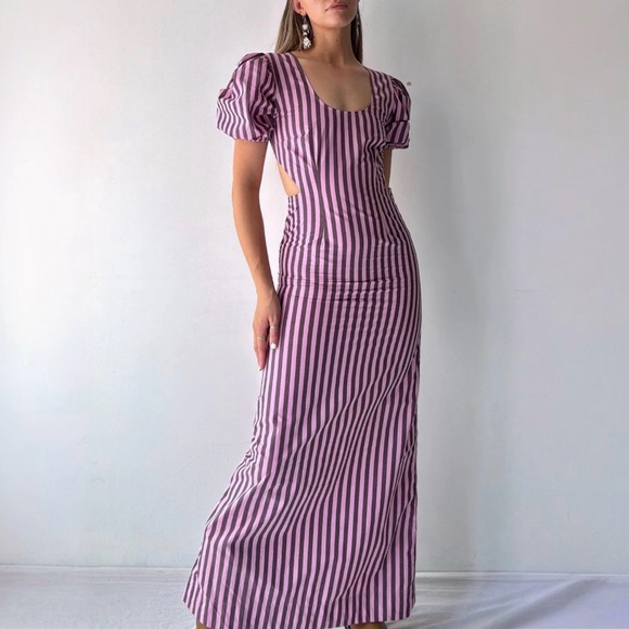 NWT GANNI Bubblegum Striped Cutout Cotton Poplin Maxi Dress - Picture 3 of 12